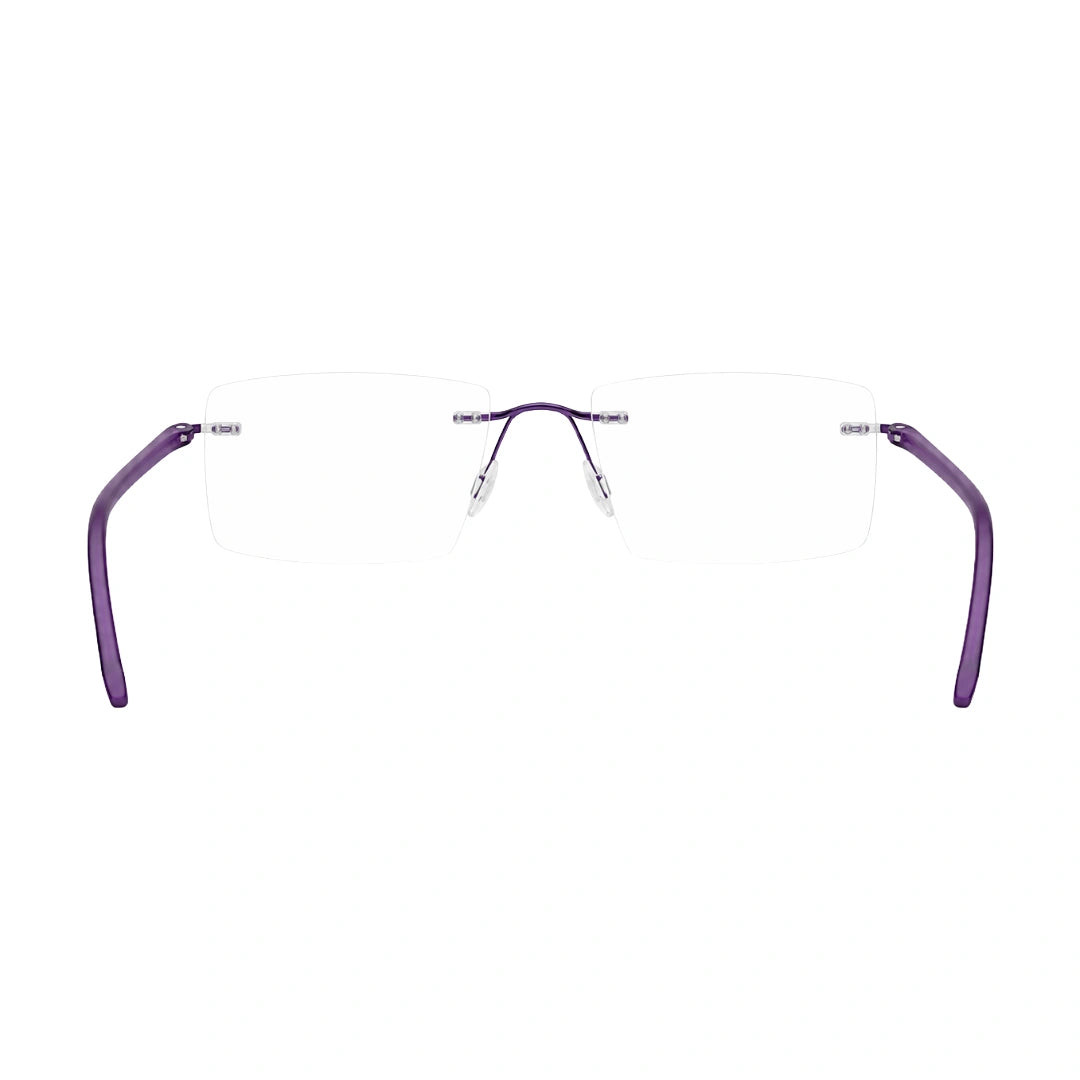 OS BD 56808 arched bridge rimless rectangular prescription eyeglasses in purple, rear view