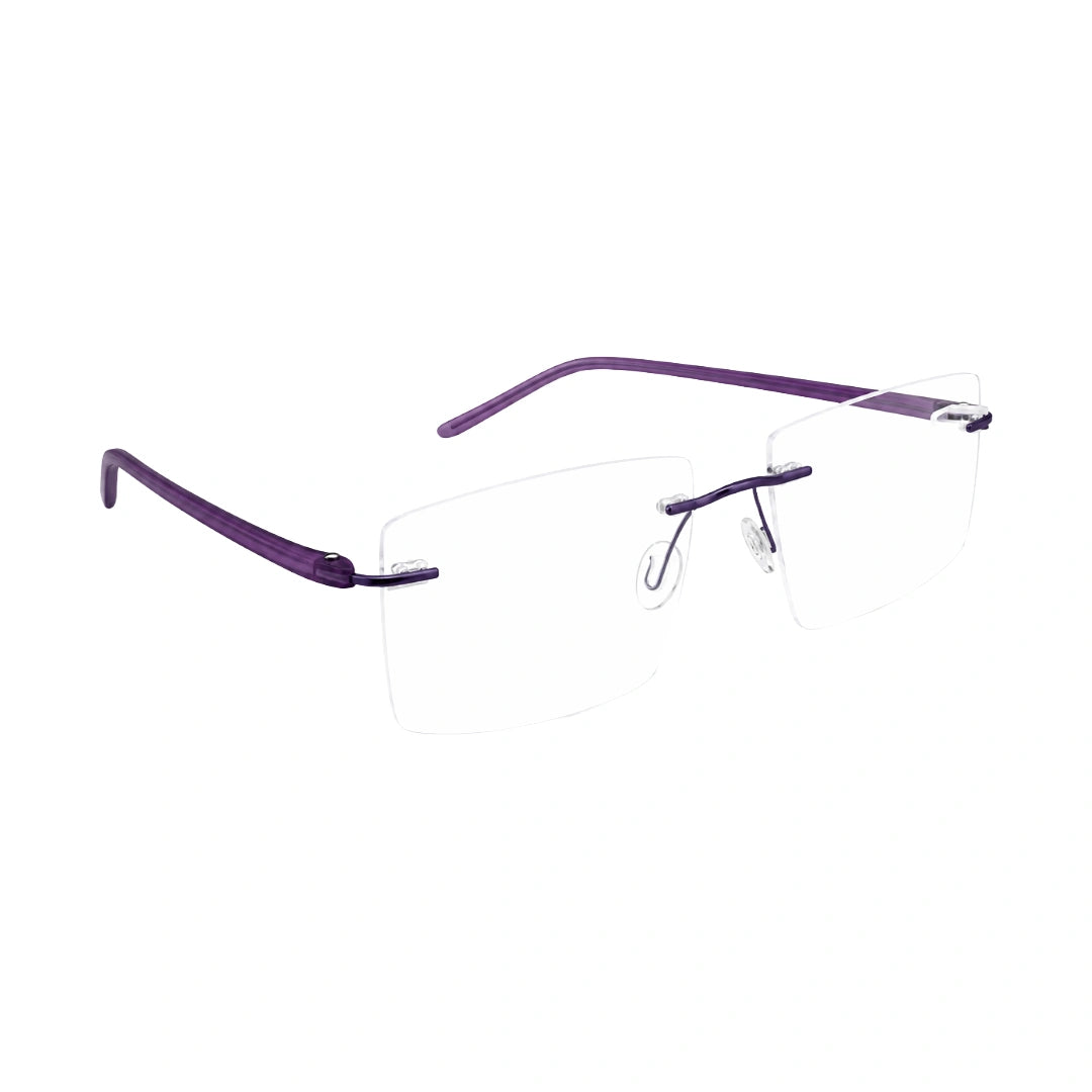 OS BD 56808 arched bridge rimless rectangular prescription eyeglasses in purple, angled view