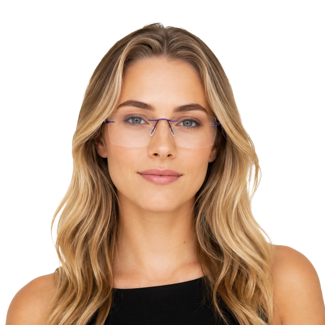 Woman wearing OS BD 56808 arched bridge rimless rectangular prescription eyeglasses in purple