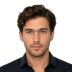 Man wearing OS BD 56808 arched bridge rimless rectangular prescription eyeglasses in purple