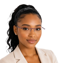 Woman wearing OS BD 56808 arched bridge rimless rectangular prescription eyeglasses in purple, front view