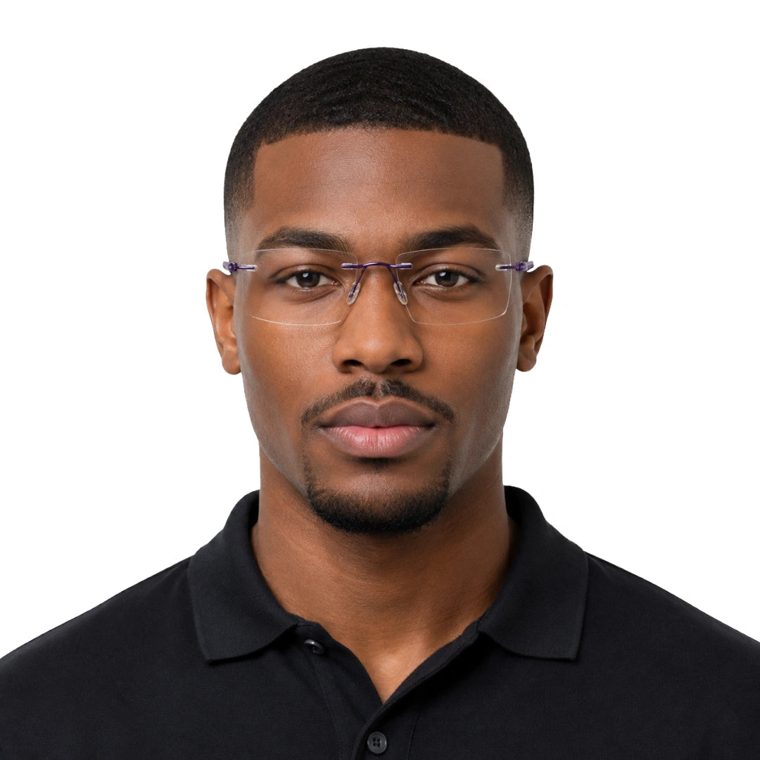 Man wearing OS BD 56808 arched bridge rimless rectangular prescription eyeglasses in purple, front view