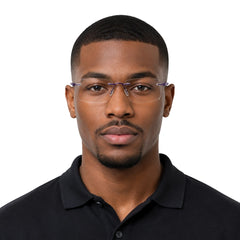 Man wearing OS BD 56808 arched bridge rimless rectangular prescription eyeglasses in purple, front view