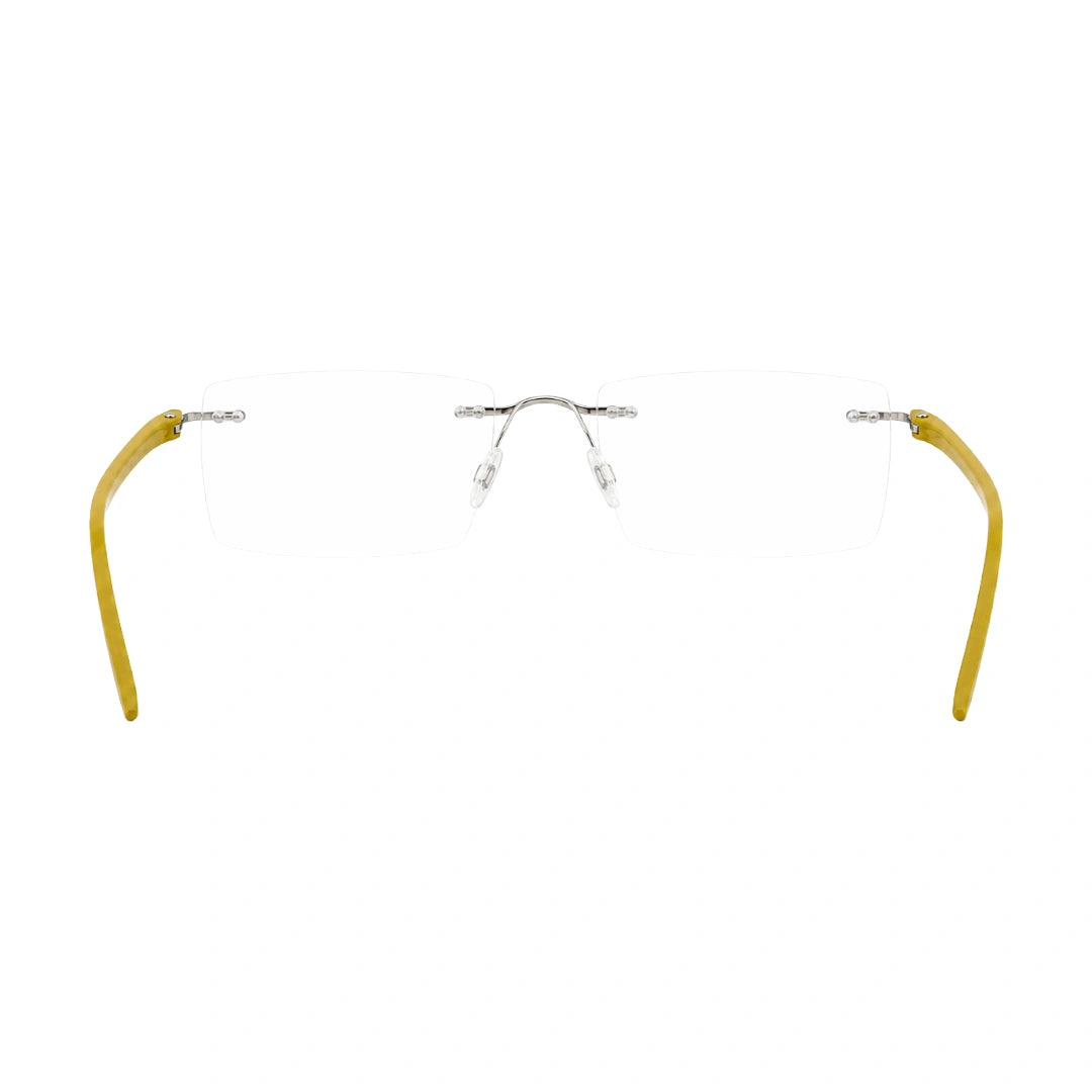 OS BD 56808 arched bridge rimless rectangular prescription eyeglasses in yellow, rear view