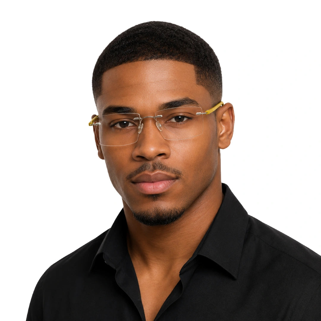 Man wearing OS BD 56808 arched bridge rimless rectangular prescription eyeglasses in yellow