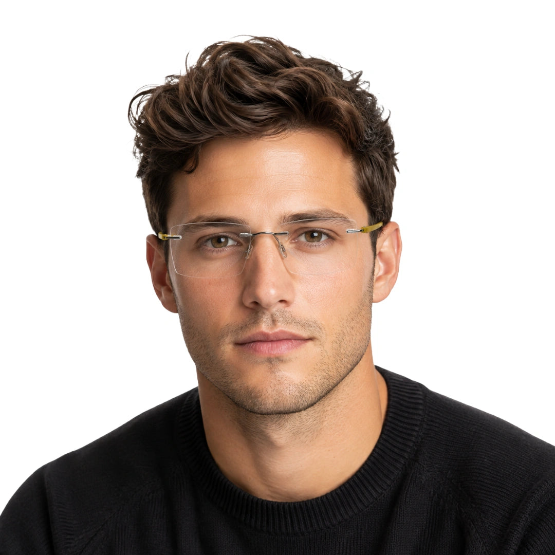 Man wearing OS BD 56808 arched bridge rimless rectangular prescription eyeglasses in yellow, front view