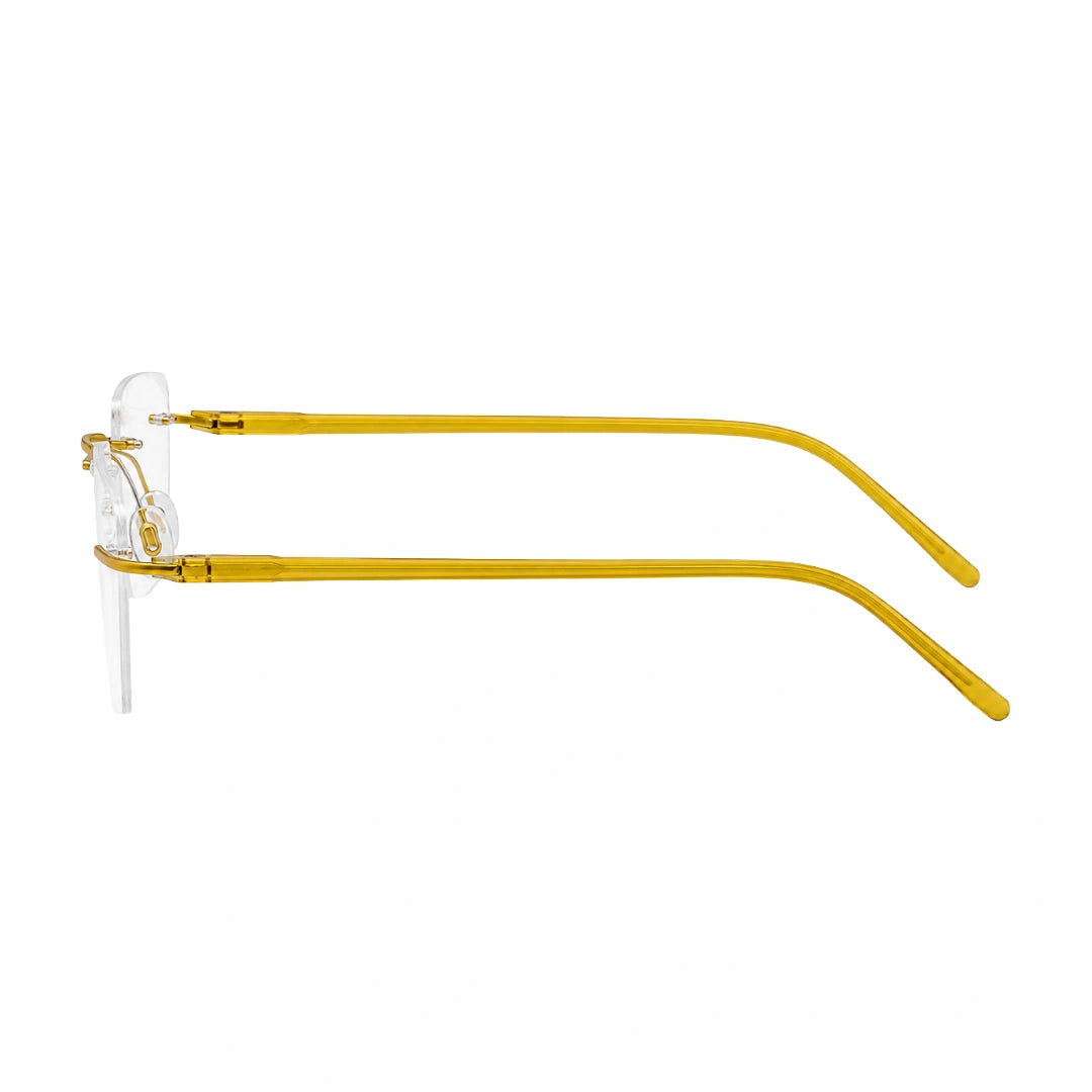 OS BD 56810 rimless rectangular prescription eyeglasses in yellow, side profile view