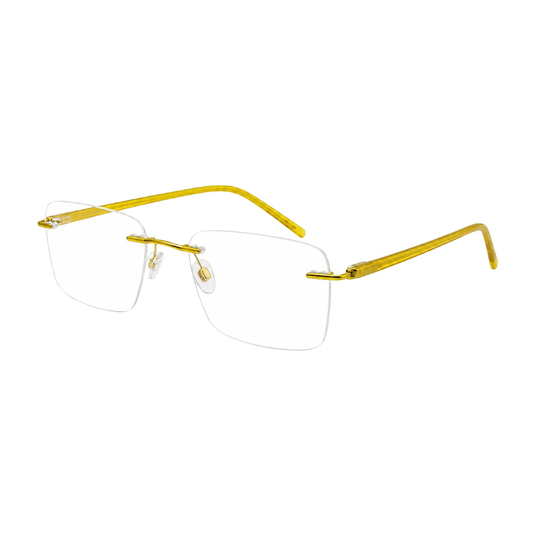 OS BD 56810 rimless rectangular prescription eyeglasses in yellow, three-quarter angled view