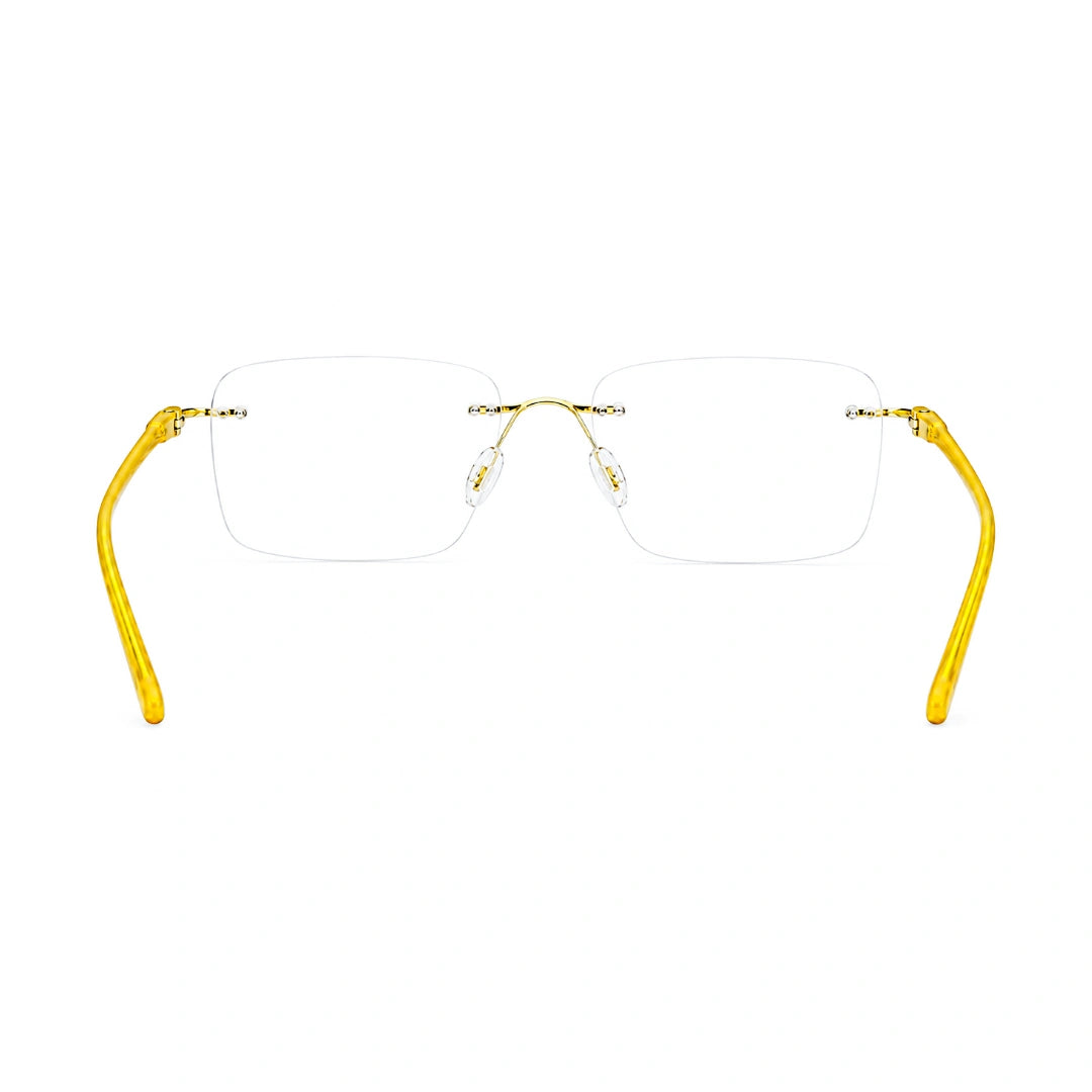 OS BD 56810 rimless rectangular prescription eyeglasses in yellow, rear view