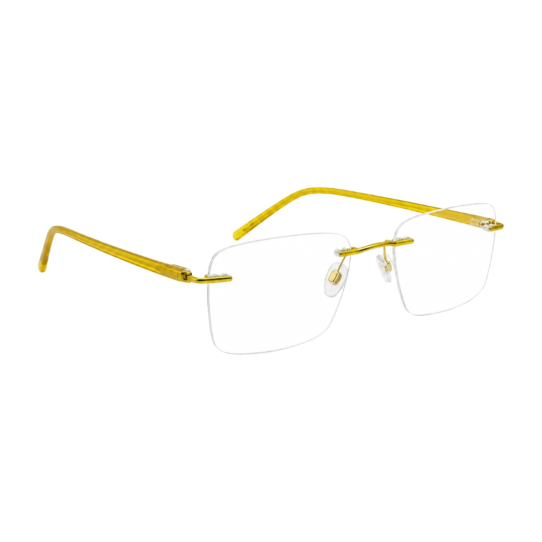 OS BD 56810 rimless rectangular prescription eyeglasses in yellow, angled view