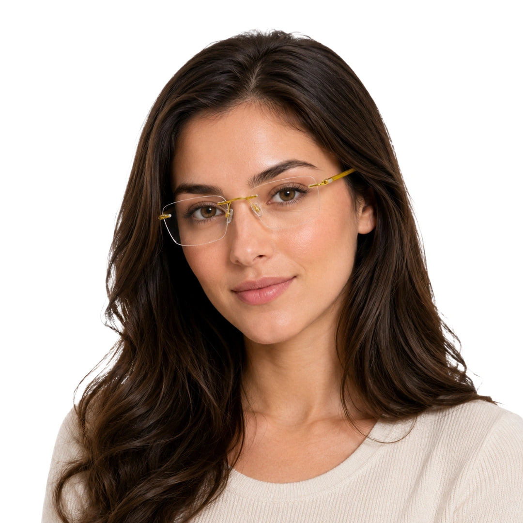 Woman wearing OS BD 56810 rimless rectangular prescription eyeglasses in yellow