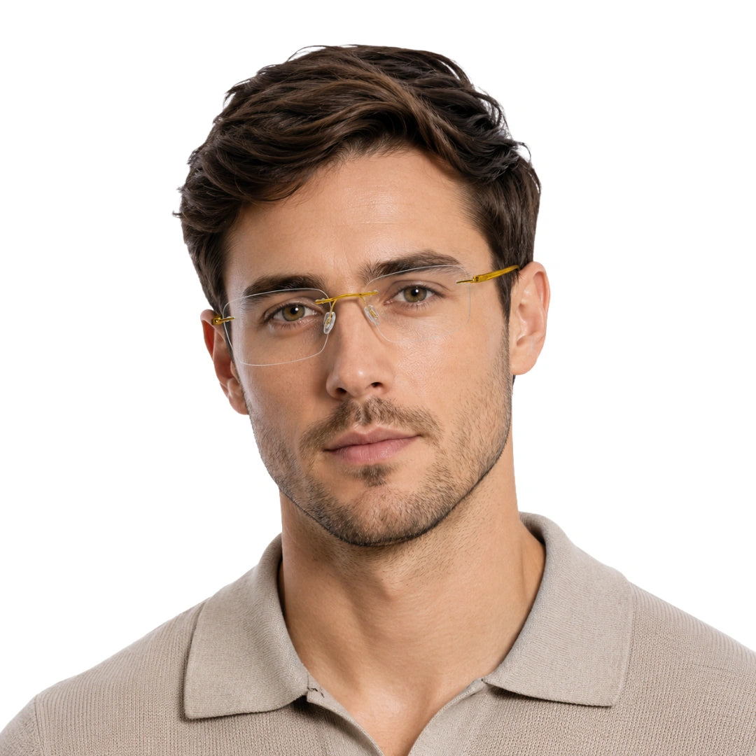 Man wearing OS BD 56810 rimless rectangular prescription eyeglasses in yellow