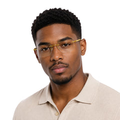 Man wearing OS BD 56810 rimless rectangular prescription eyeglasses in yellow, front view