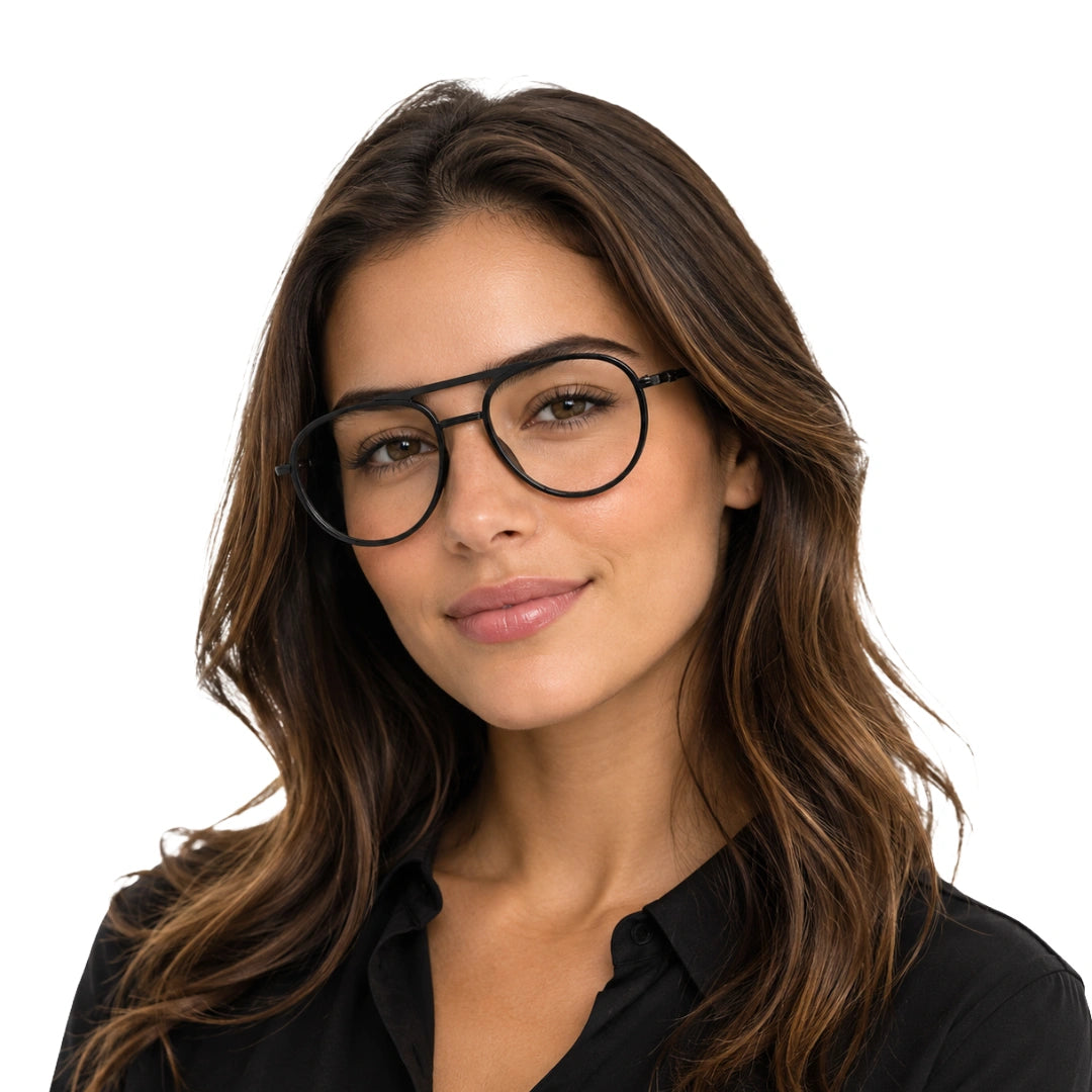 Woman wearing OS Brooklyn 81103 double bridge aviator prescription eyeglasses in black