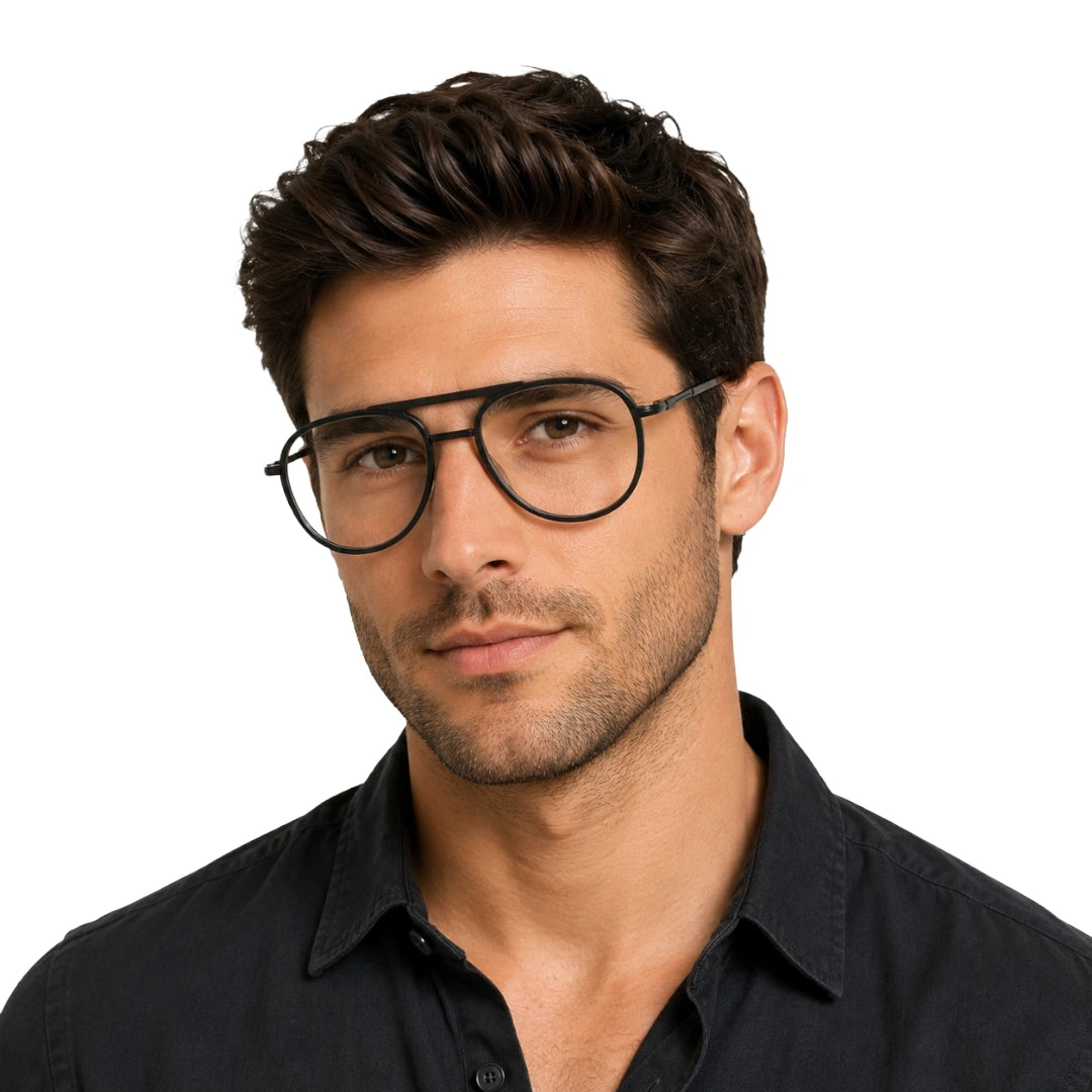 Man wearing OS Brooklyn 81103 double bridge aviator prescription eyeglasses in black