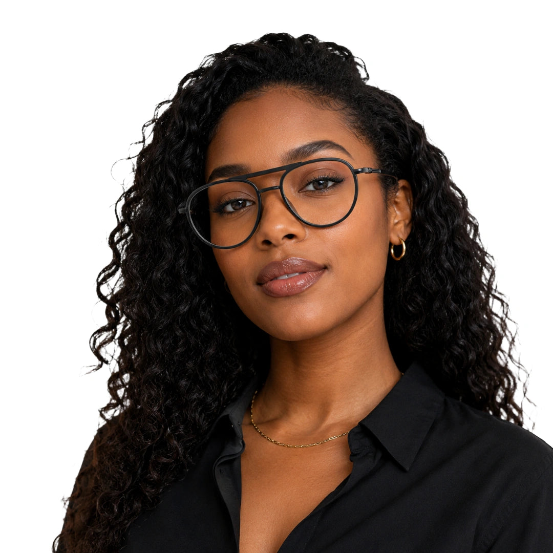 Woman wearing OS Brooklyn 81103 double bridge aviator prescription eyeglasses in black, front view