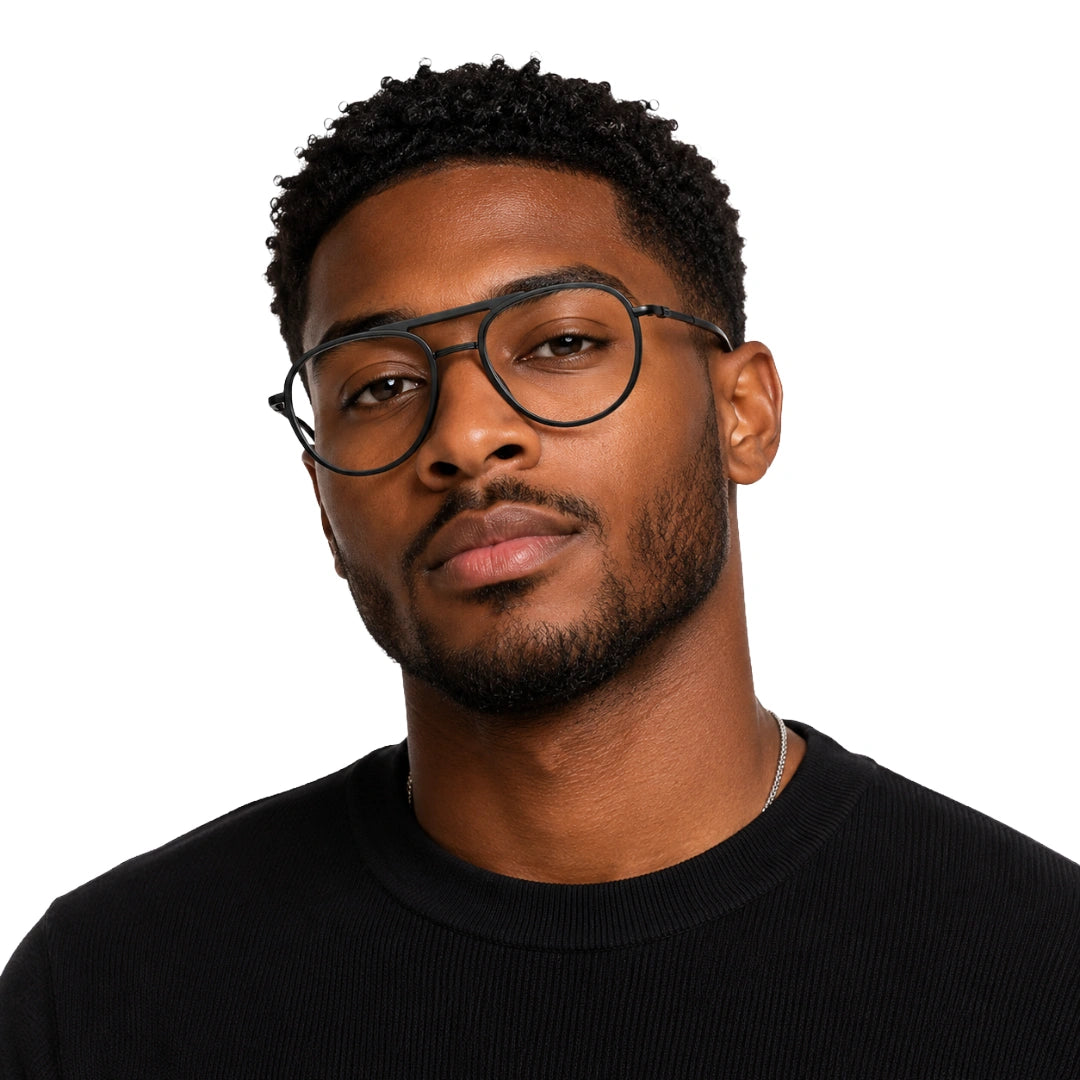 Man wearing OS Brooklyn 81103 double bridge aviator prescription eyeglasses in black, front view