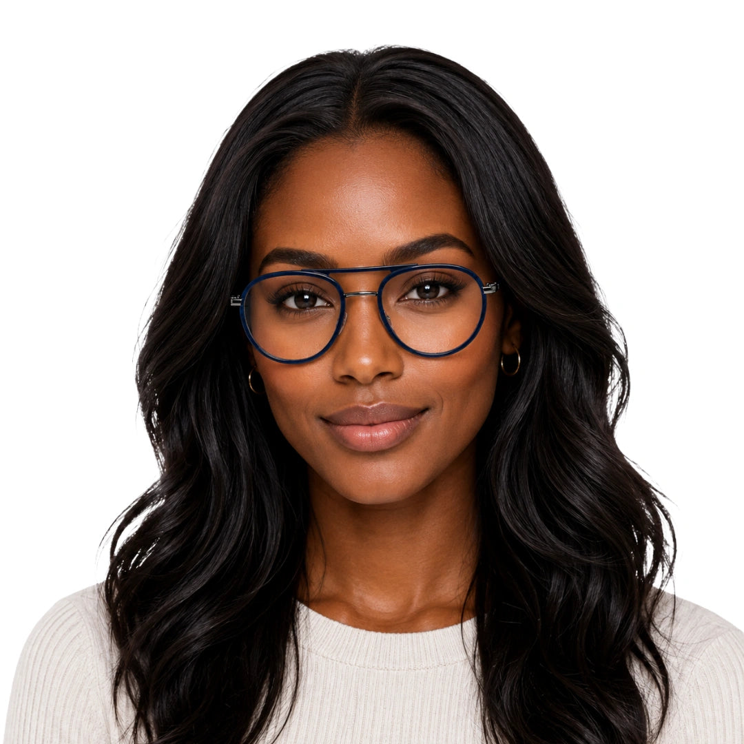 Woman wearing OS Brooklyn 81103 double bridge aviator prescription eyeglasses in blue