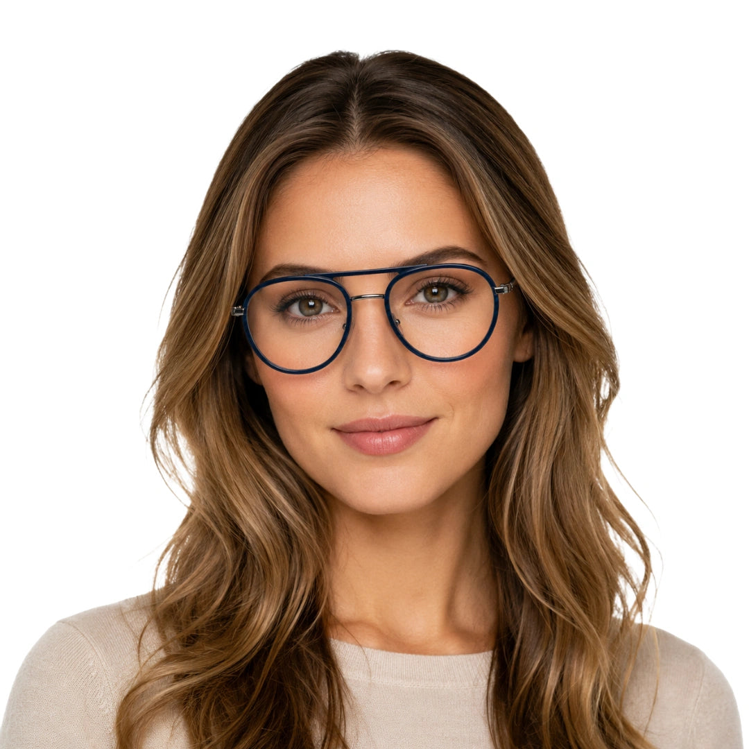 Woman wearing OS Brooklyn 81103 double bridge aviator prescription eyeglasses in blue, front view