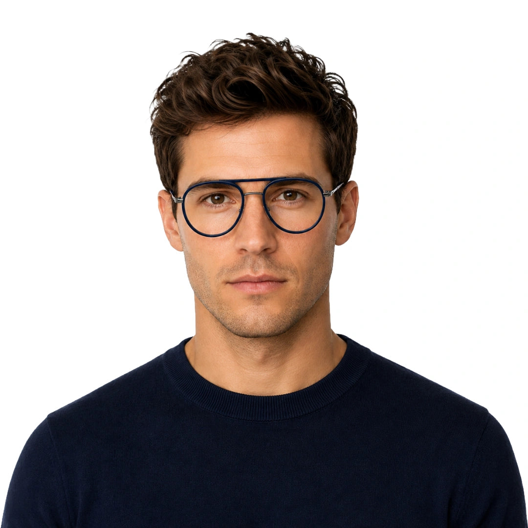 Man wearing OS Brooklyn 81103 double bridge aviator prescription eyeglasses in blue, front view