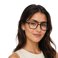 Woman wearing OS Brooklyn 81104 urban double bridge prescription eyeglasses in glossy black