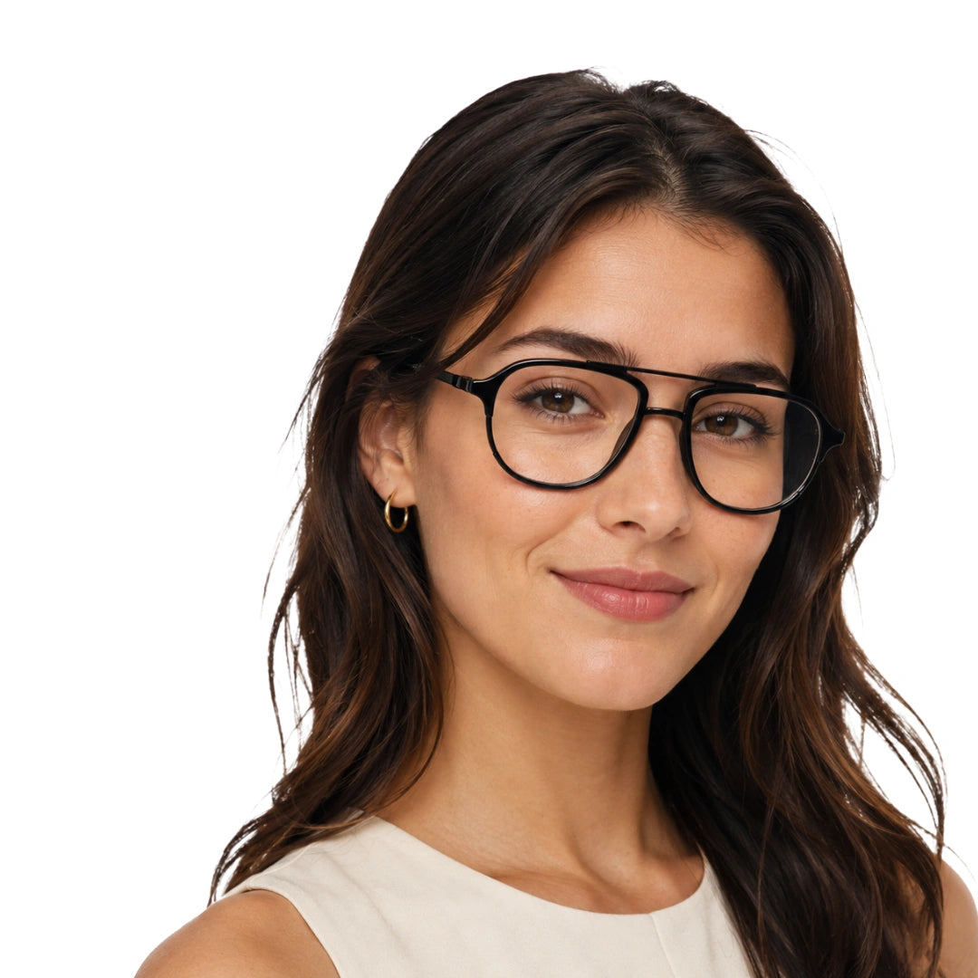 Woman wearing OS Brooklyn 81104 urban double bridge prescription eyeglasses in glossy black