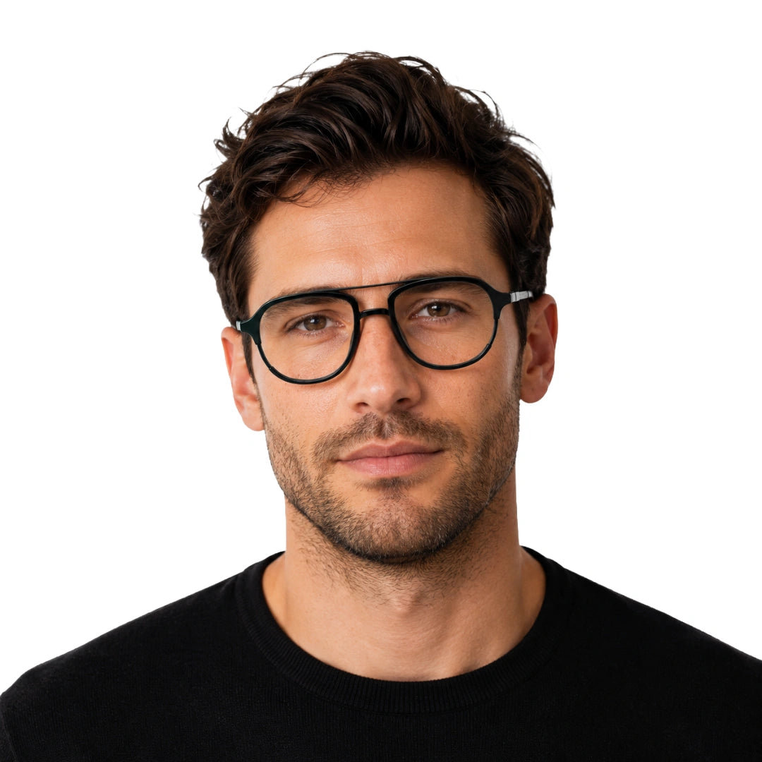 Man wearing OS Brooklyn 81104 urban double bridge prescription eyeglasses in glossy black