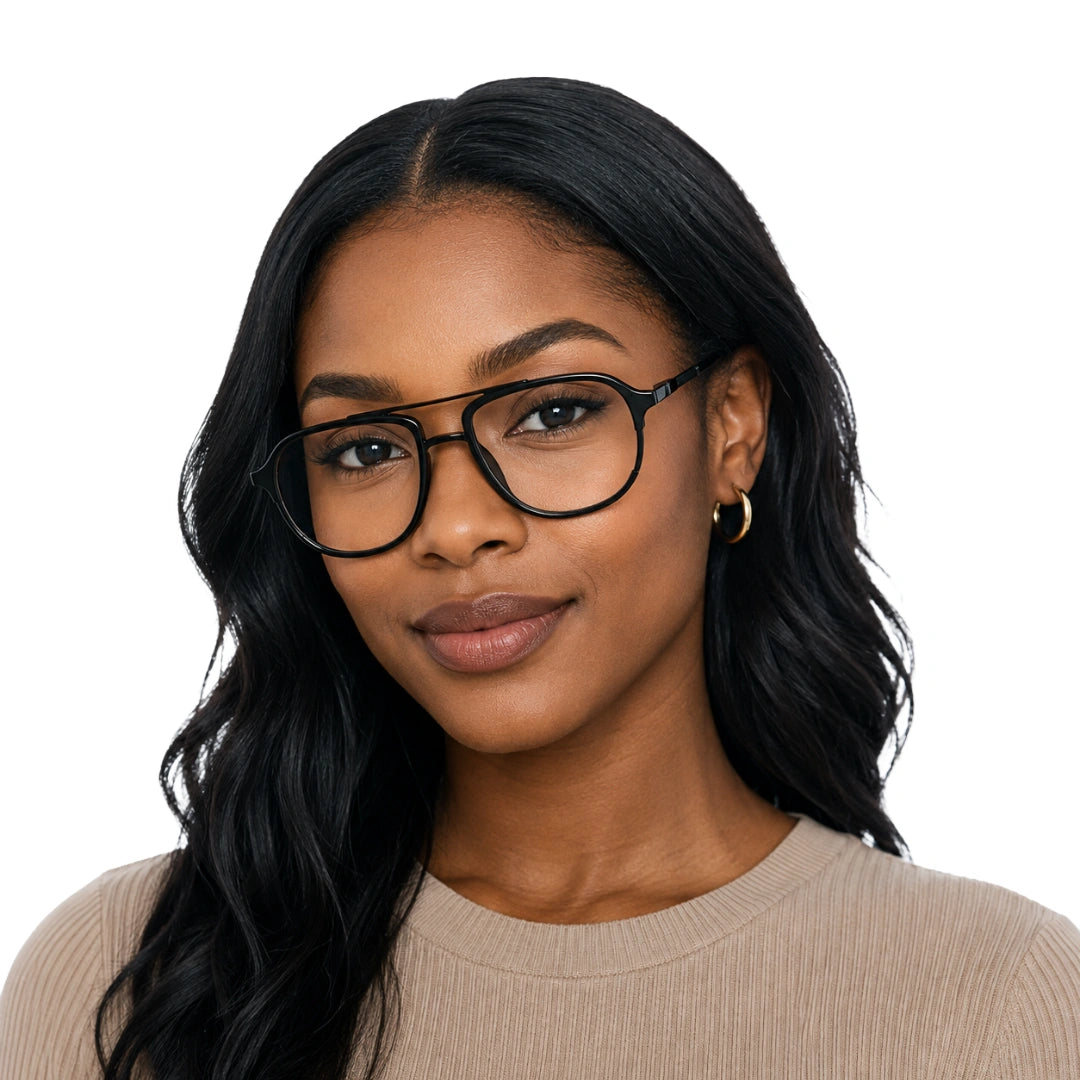 Woman wearing OS Brooklyn 81104 urban double bridge prescription eyeglasses in glossy black, front view