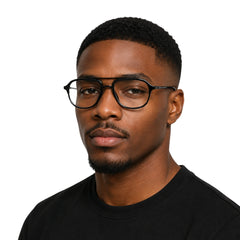 Man wearing OS Brooklyn 81104 urban double bridge prescription eyeglasses in glossy black, front view