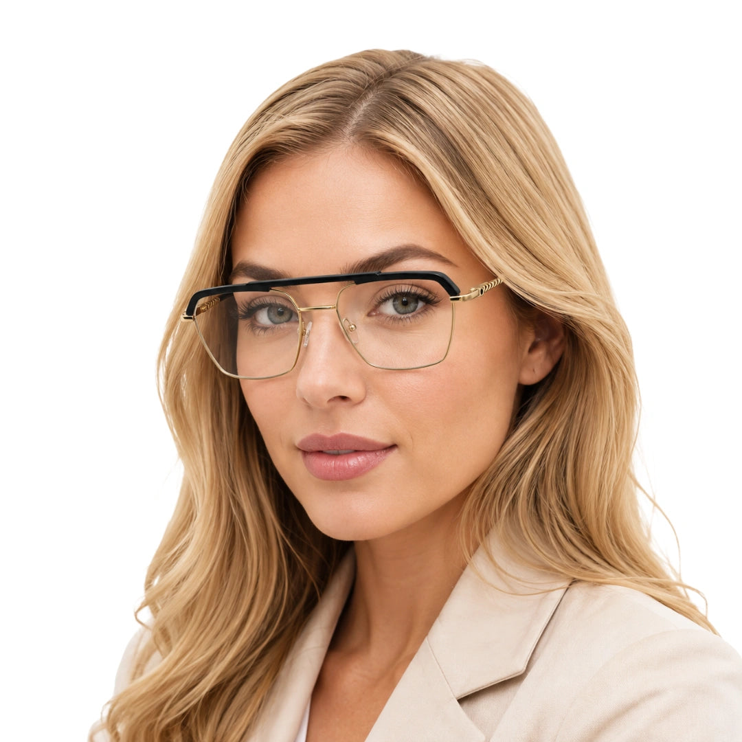 Woman wearing OS Brooklyn 81105 premium square prescription frame in black and gold