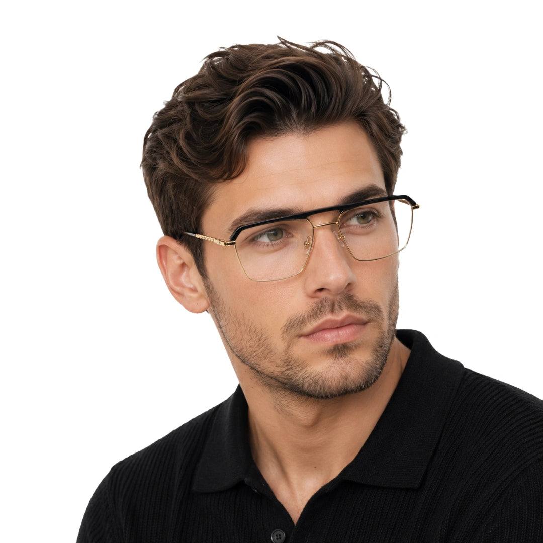 Man wearing OS Brooklyn 81105 premium square prescription frame in black and gold