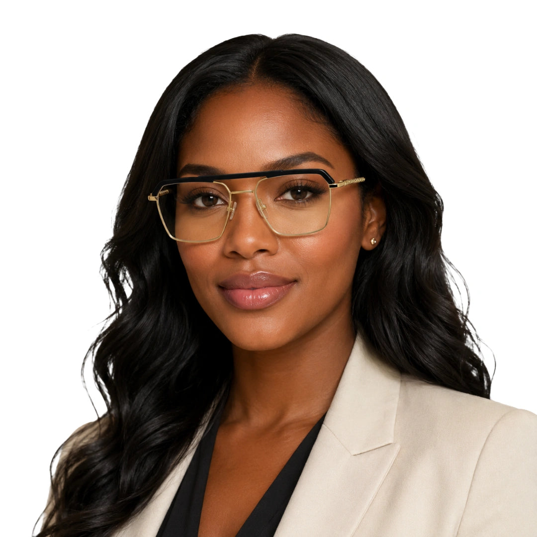 Woman wearing OS Brooklyn 81105 premium square prescription frame in black and gold, front view