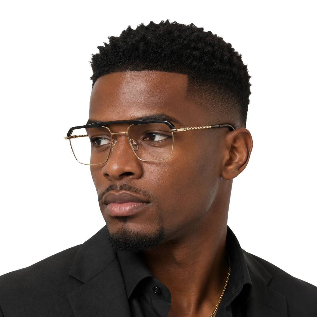 Man wearing OS Brooklyn 81105 premium square prescription frame in black and gold, front view