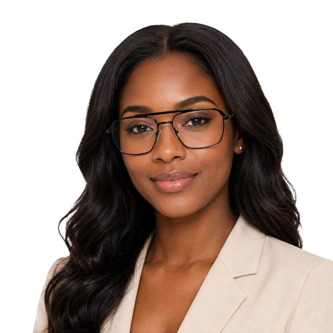 Woman wearing OS Brooklyn 81105 premium square prescription frame in glossy black