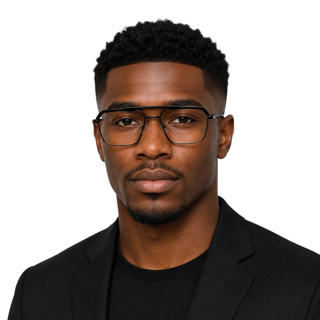 Man wearing OS Brooklyn 81105 premium square prescription frame in glossy black