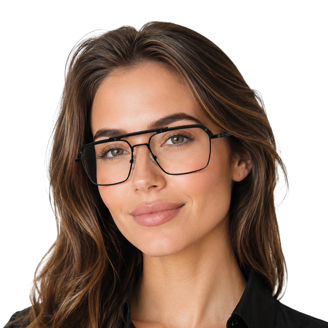 Woman wearing OS Brooklyn 81105 premium square prescription frame in glossy black, front view
