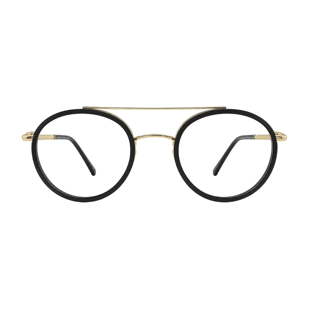 OS Brooklyn 81106 classic round brow bar prescription eyeglasses in black and gold, front view