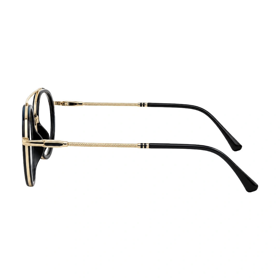 OS Brooklyn 81106 classic round brow bar prescription eyeglasses in black and gold, side profile view