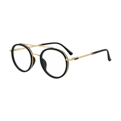 OS Brooklyn 81106 classic round brow bar prescription eyeglasses in black and gold, three-quarter angled view