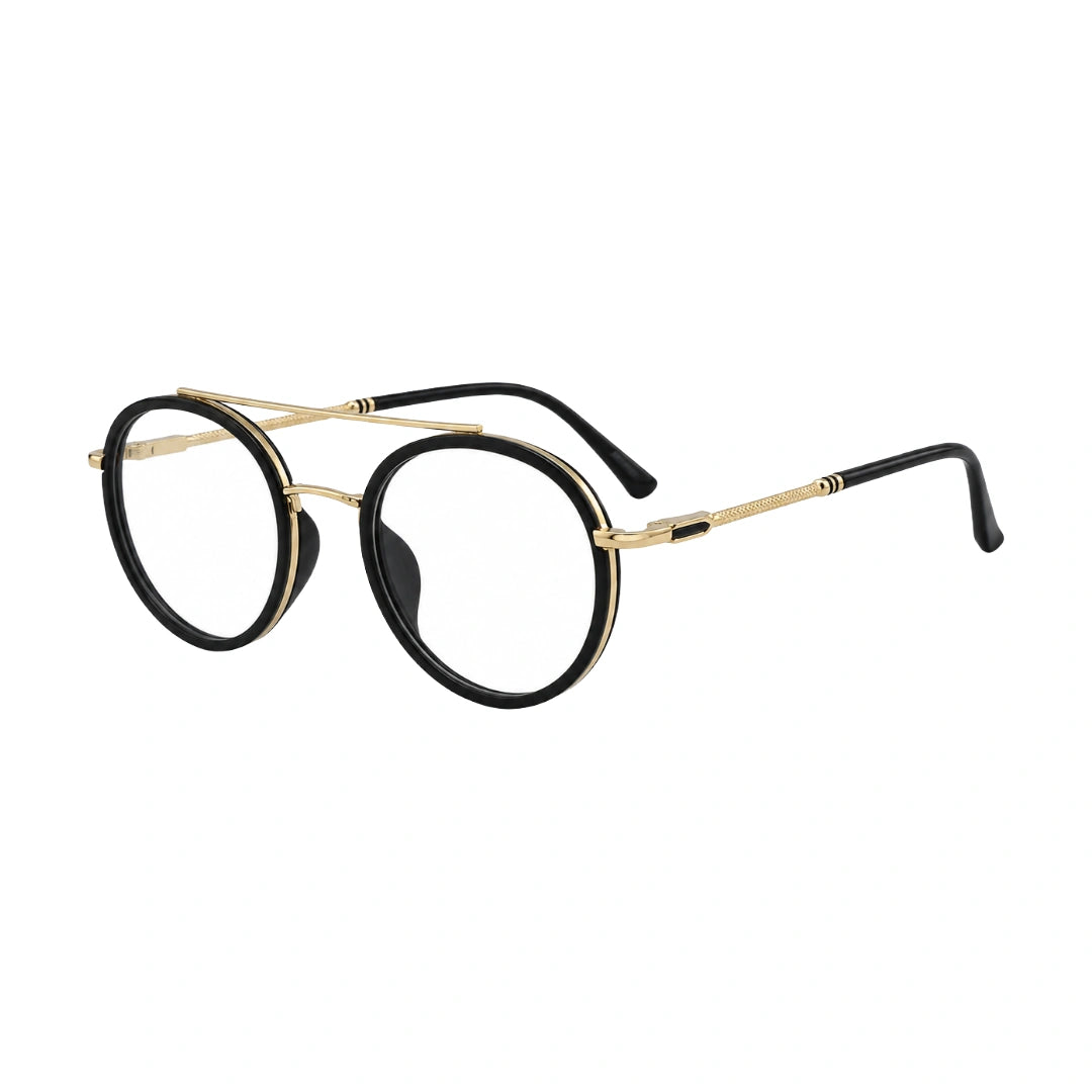 OS Brooklyn 81106 classic round brow bar prescription eyeglasses in black and gold, three-quarter angled view