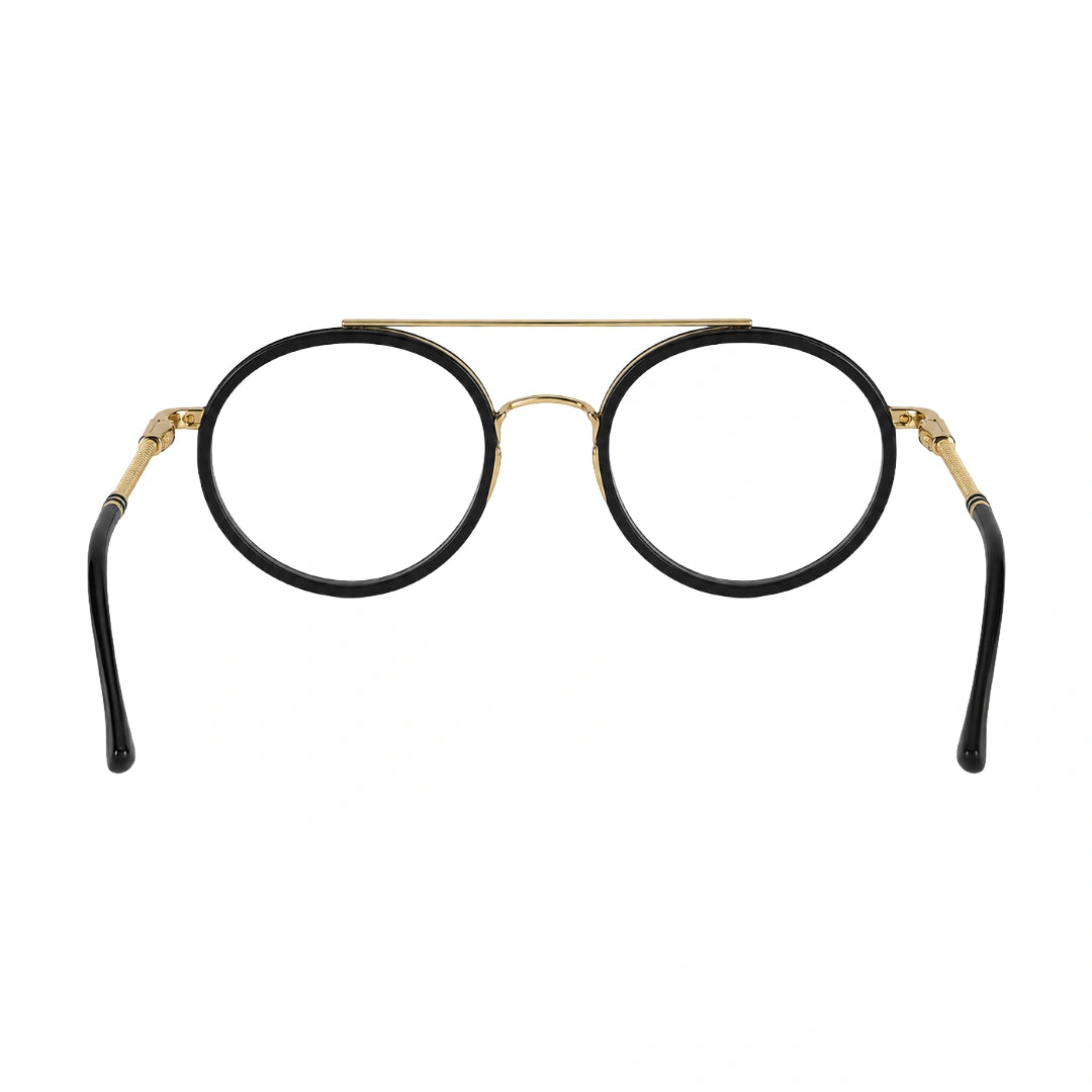 OS Brooklyn 81106 classic round brow bar prescription eyeglasses in black and gold, rear view