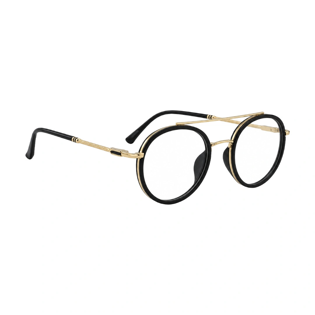 OS Brooklyn 81106 classic round brow bar prescription eyeglasses in black and gold, angled view