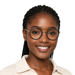 Woman wearing OS Brooklyn 81106 classic round brow bar prescription eyeglasses in black and gold