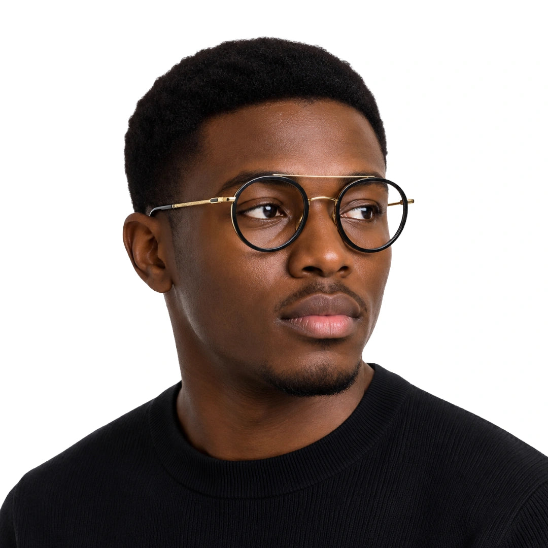 Man wearing OS Brooklyn 81106 classic round brow bar prescription eyeglasses in black and gold