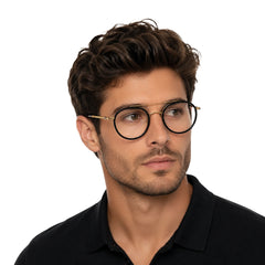 Woman wearing OS Brooklyn 81106 classic round brow bar prescription eyeglasses in black and gold, front view