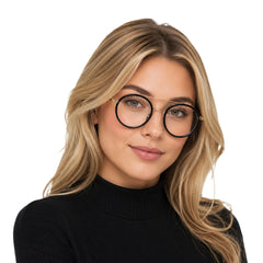Man wearing OS Brooklyn 81106 classic round brow bar prescription eyeglasses in black and gold, front view