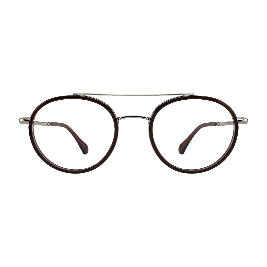 OS Brooklyn 81106 classic round brow bar prescription eyeglasses in brown and silver, front view