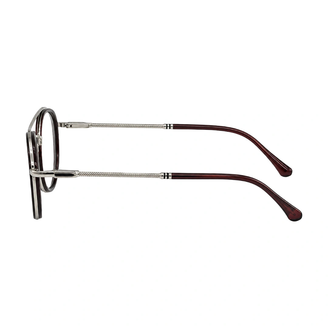 OS Brooklyn 81106 classic round brow bar prescription eyeglasses in brown and silver, side profile view
