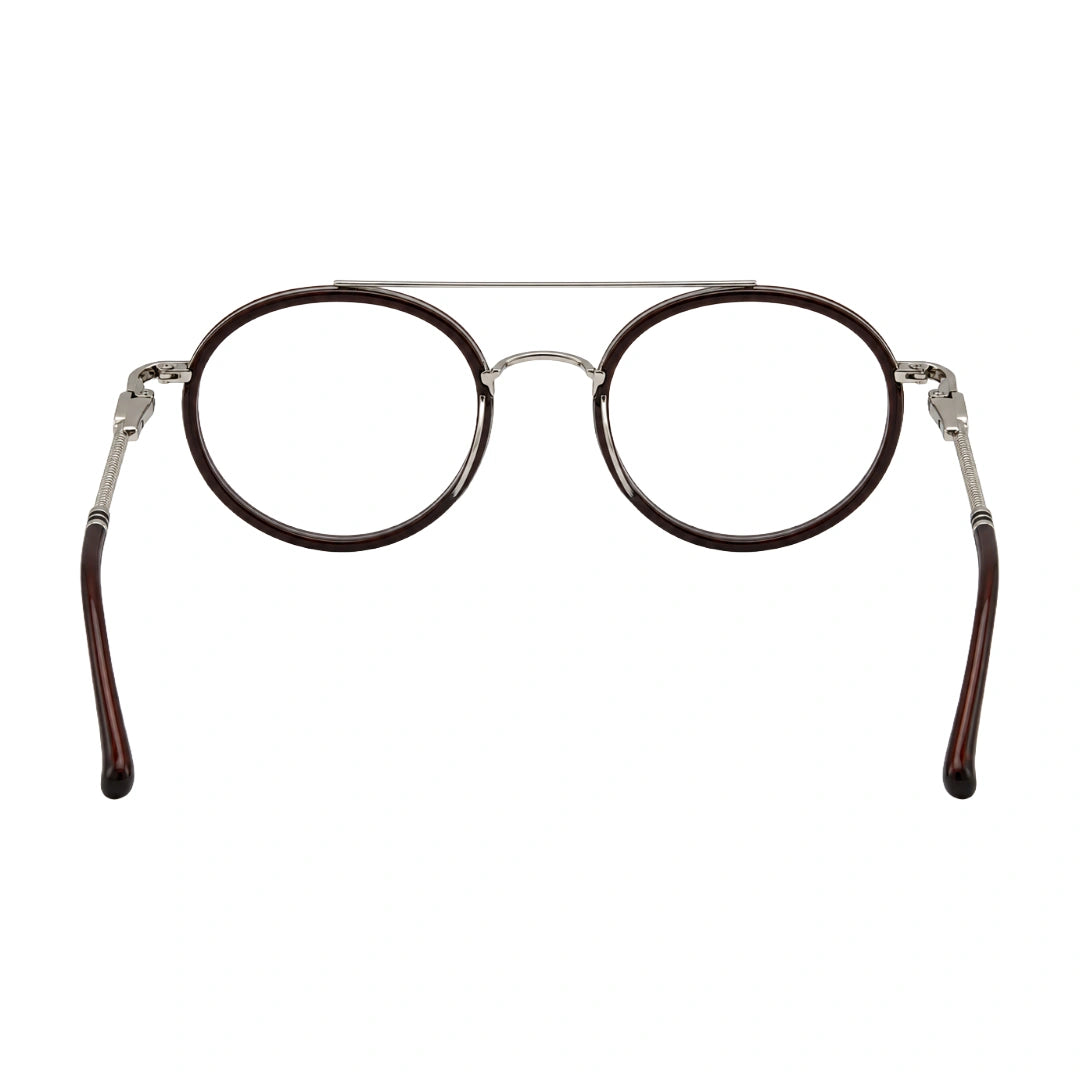 OS Brooklyn 81106 classic round brow bar prescription eyeglasses in brown and silver, rear view
