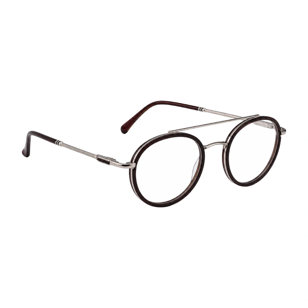OS Brooklyn 81106 classic round brow bar prescription eyeglasses in brown and silver, angled view